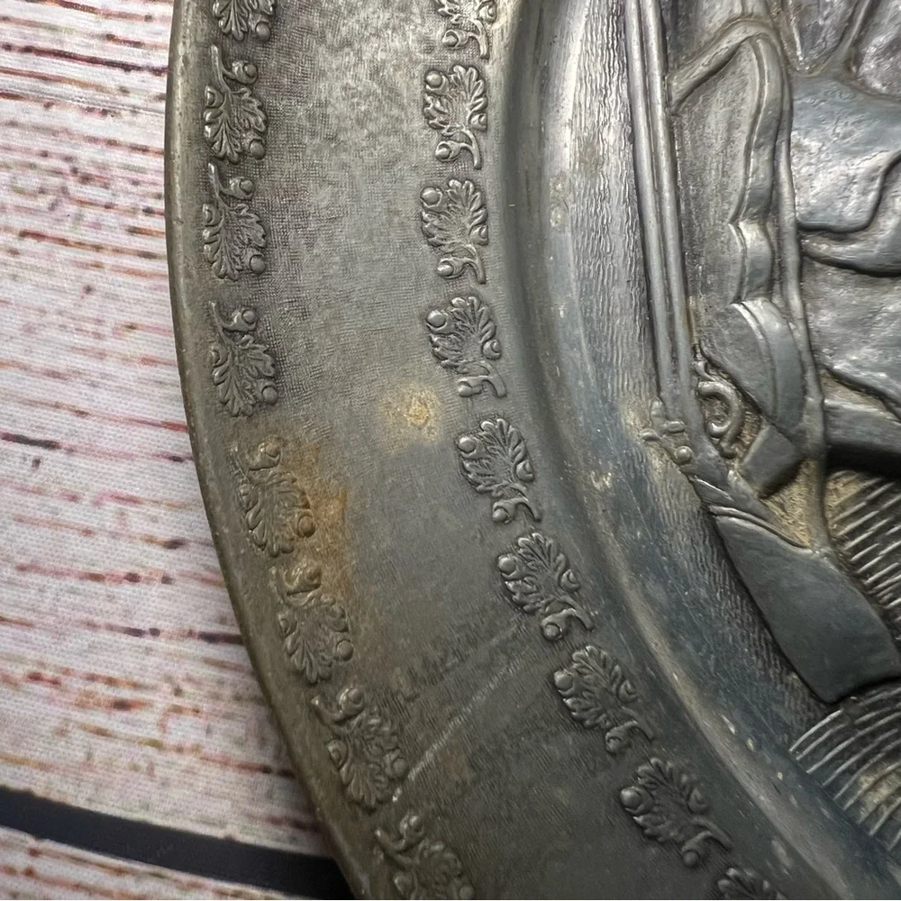 Vintage 12” German Pewter Wall Plate Tavern‎ Card Scene Angel Mark Gallery Wall